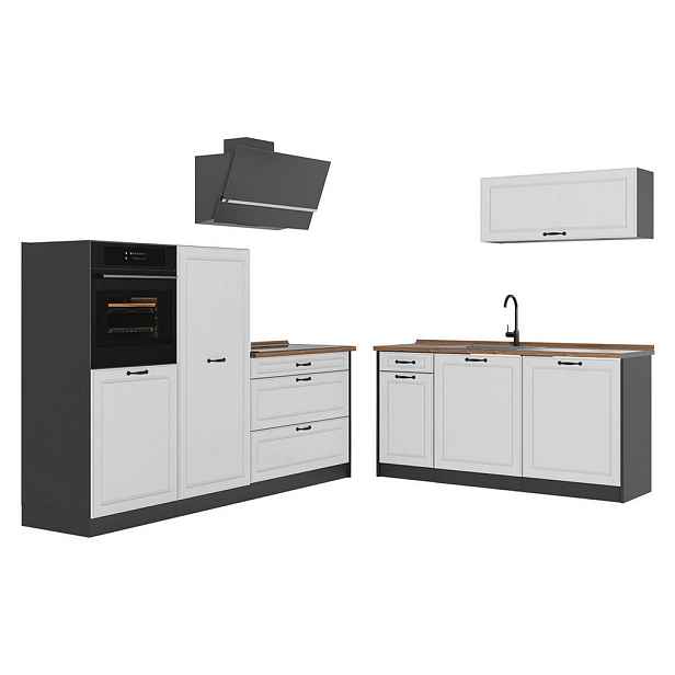 Vicco KUCHYŇSKÝ KOUT R-Line, Bílý venkovský dům/Antracit, 220 cm pracovná doska Dub Goldkraft