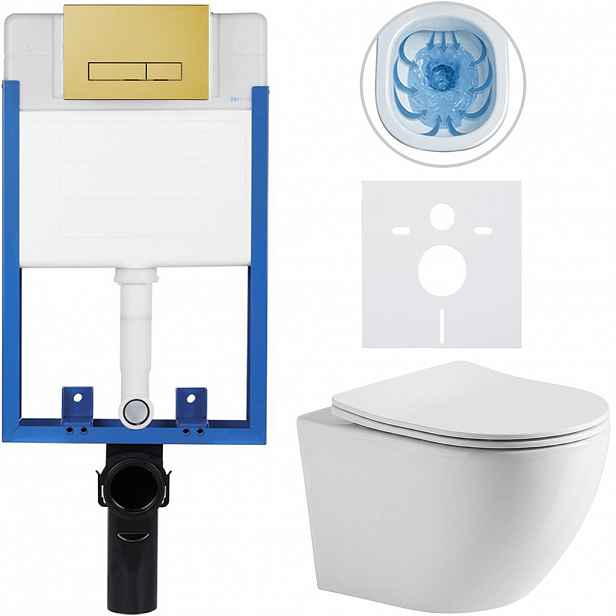 Kompletní WC set Profi/Cesso - bílá lesklá - WC tlačítko Slim/Zlatá - pro zazdění - 49x36 cm - 312676