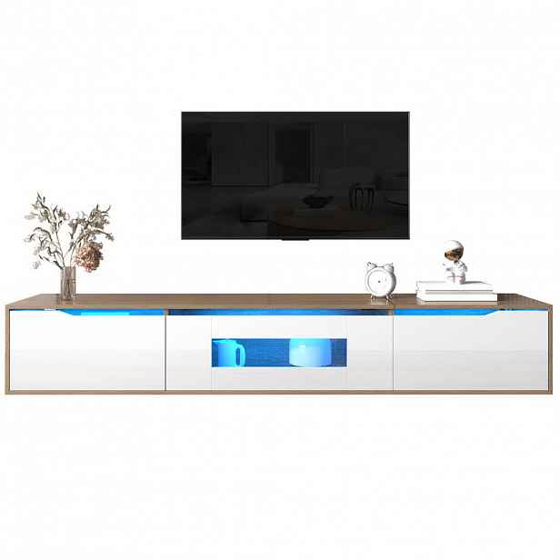 Redom TV stolek 180/35/30 cm s LED osvětlením, vysokým leskem a drážkovanými dvířky, Bílá