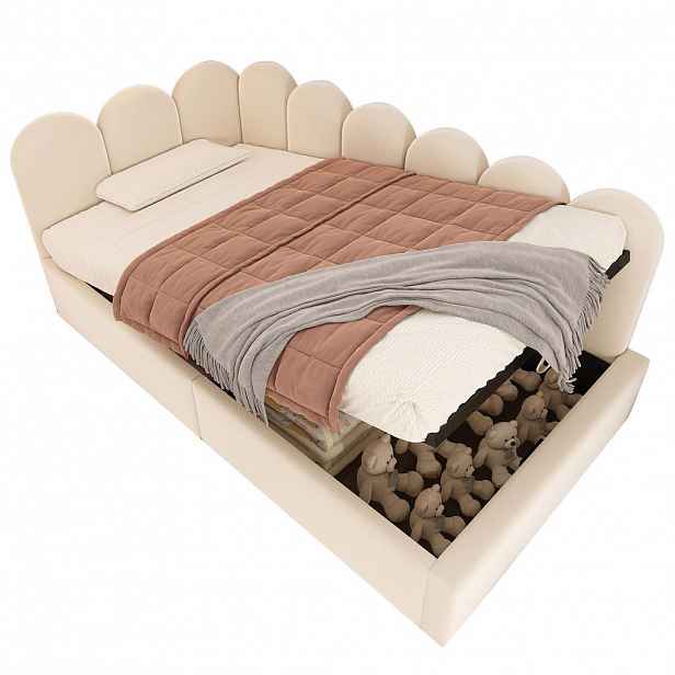OKWISH DENNÍ postel 90/190 cm béžová z sametu s hydraulickým úložným prostorem a kovovým roštem