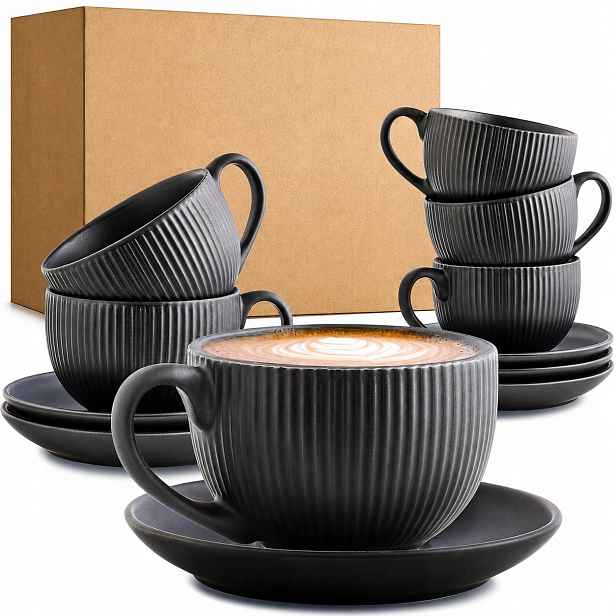 Keramické šálky na kávu cappuccino s podstavcem 200 ml, sada 6 kusů