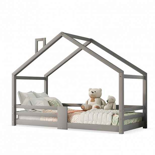 OKWISH DĚTSKÁ postel domeček 90/200 cm šedá z masivního borového dřeva s komínem a zábranou