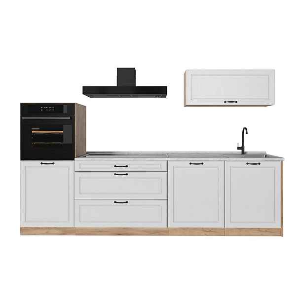 Vicco KUCHYŇSKÝ KOUT R-Line, Bílý venkovský dům/Zlatý mocný dub, 280 cm pracovná doska Mramor
