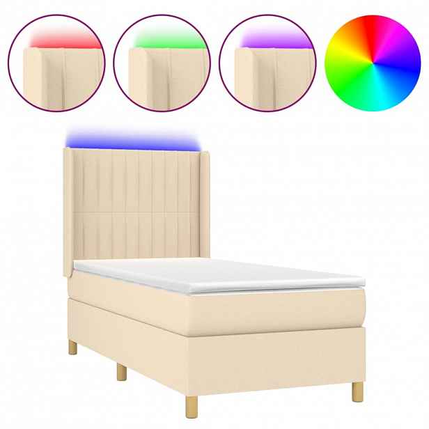 vidaXL Box spring postel s matrací a LED krémová 90x190 cm textil