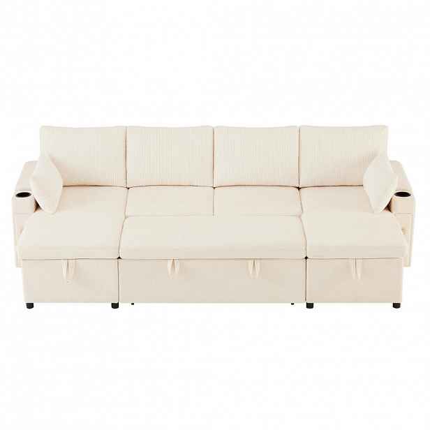Modfu ROZKLÁDACÍ pohovka do U z chenillu a manšestru 272x131x84 cm béžová s úložným prostorem, držáky nápojů a 2 polštáři