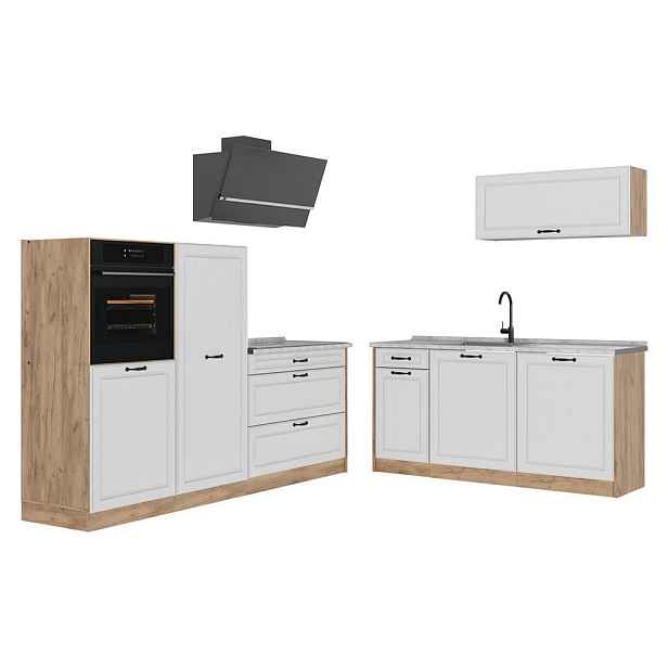 Vicco KUCHYŇSKÝ KOUT R-Line, Bílý venkovský dům/Zlatý mocný dub, 220 cm pracovná doska Mramor