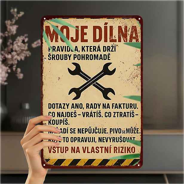 TEMU 2D plochá 1ks, "Vintage kovová cedule - 'Má dílna' Industriální dekor s nářadím a českými frázemi - Rustikální nástěnné umění do garáže pánské
