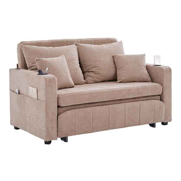 Redom ROZKLÁDACÍ pohovka 139/83/58 cm s funkcí lůžka, USB, držáky nápojů a bočními kapsami, chenille, Khaki