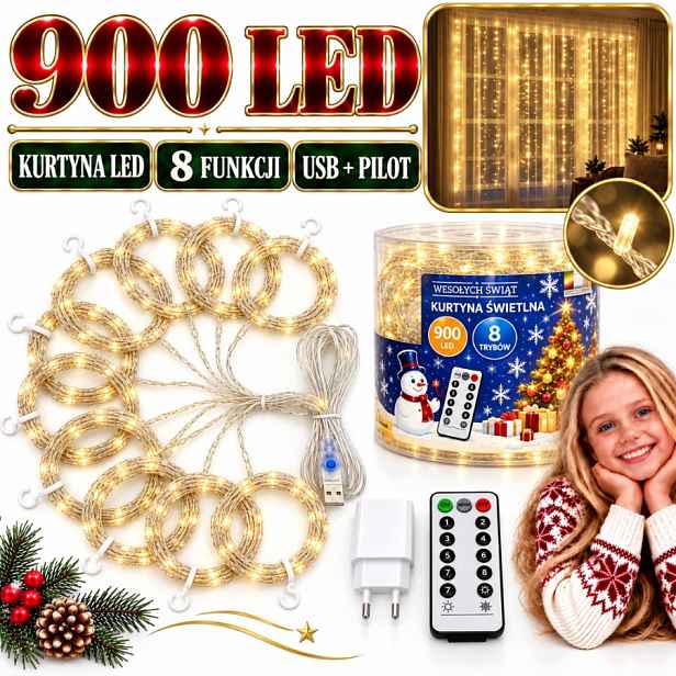 Světelný Závěs 900 Led 3X3M Teplé Bílé Lampy Usb Dálkové Ovládání 8 Režimů