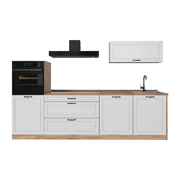 Vicco KUCHYŇSKÝ KOUT R-Line, Bílý venkovský dům/Zlatý mocný dub, 280 cm pracovná doska Dub Goldkraft