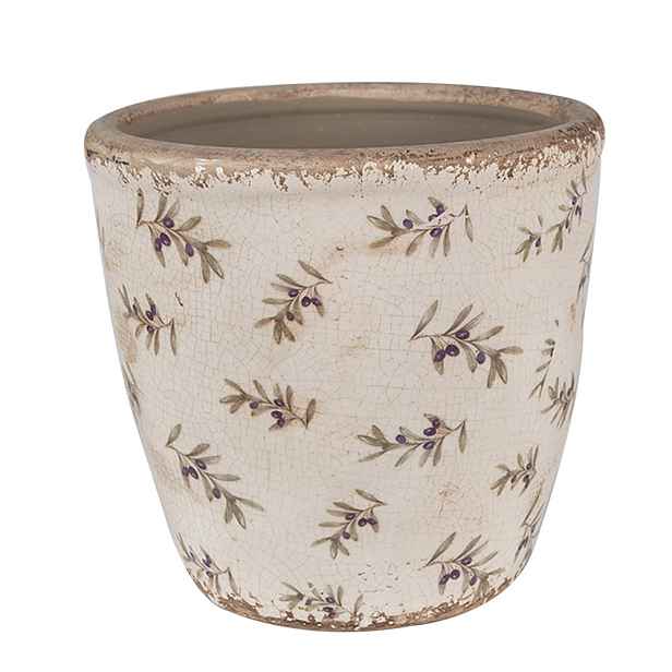 Béžový antik obal na květináč s olivami Olive Fields L - Ø 16*16 cm Clayre & Eef