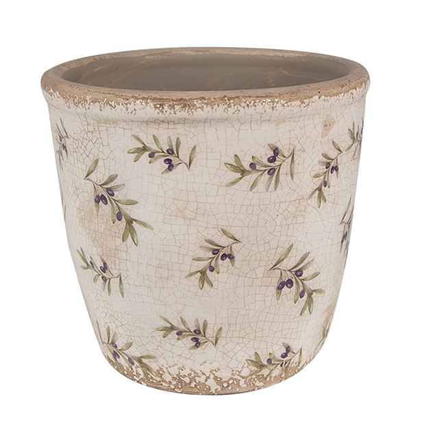 Béžový antik obal na květináč s olivami Olive Fields M - Ø 14*13 cm Clayre & Eef