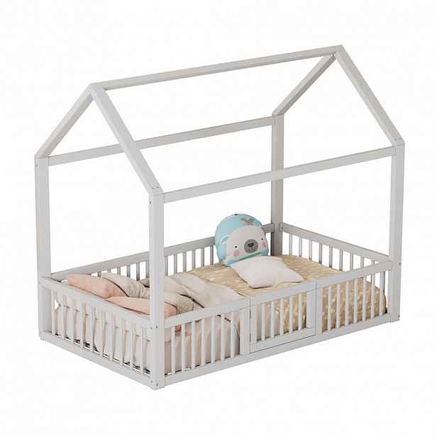OKWISH DĚTSKÁ postel 90/200 cm bílá z borovice s bezpečnostním zábradlím a dvířky