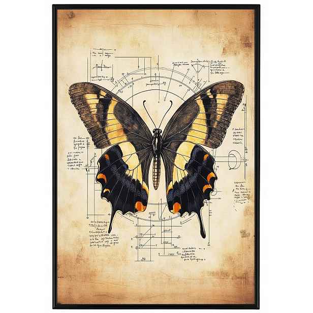 Plakát Rámeček Hliníková Grafika Styl Da Vinci Motýl Papyrus Kresba 40x60