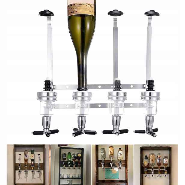 Nástěnný Dávkovač S Držákem Na 4 Láhve Na Alkohol Nápojů A Limonády