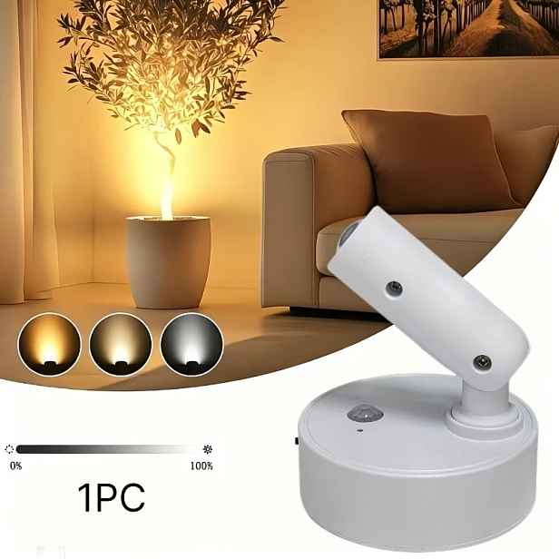 TEMU 1x USB Nabíjecí Magnetické Nástěnné LED Bodové Světlo s 350° Otáčením, Tříbarevným Stmíváním, Pohybovým Senzorem a Instalací Bez Vrtání. Vhodné