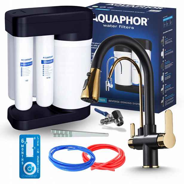Kuchyňská Baterie Černo-zlatá A Filtr Reverzní Osmózy Aquaphor Morion Pzh
