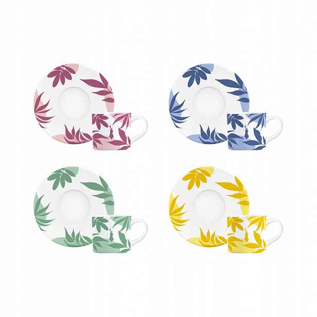 Sada 4 šálků s porcelánovými podšálky, barevné, 90 ml