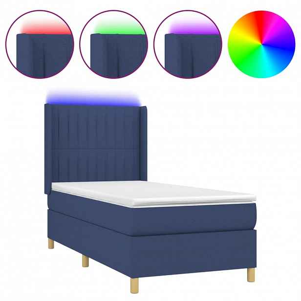 vidaXL Box spring postel s matrací a LED modrá 90x200 cm textil
