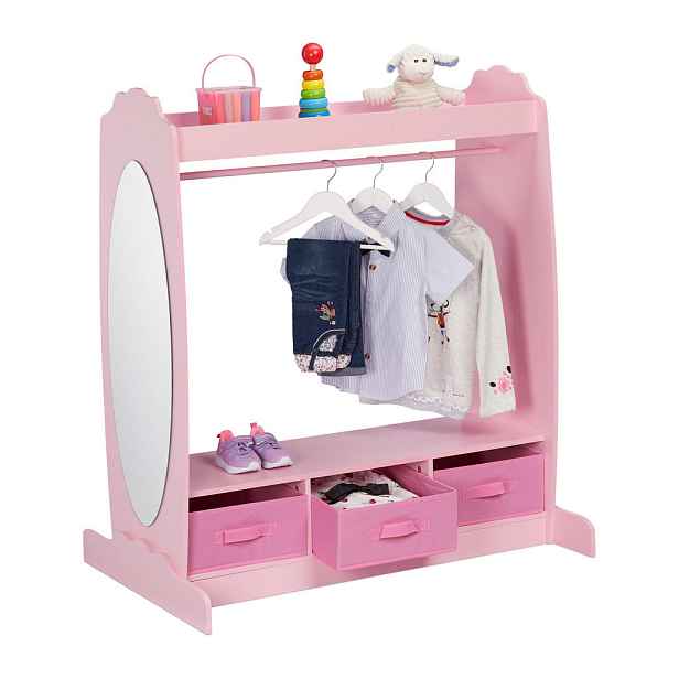 Relaxdays VĚŠÁK Růžový dětský se zrcadlem 3 látkové boxy 107 cm