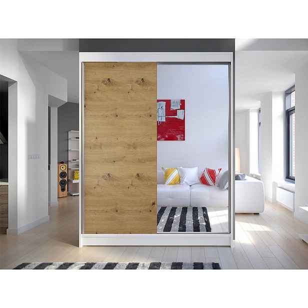 Šatní skříň 150 cm se zrcadlem a LED osvětlením PIRITU 1 - bílá / dub artisan