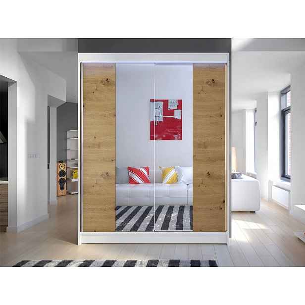 Šatní skříň 150 cm se zrcadlem a LED osvětlením PIRITU 2 - bílá / dub artisan