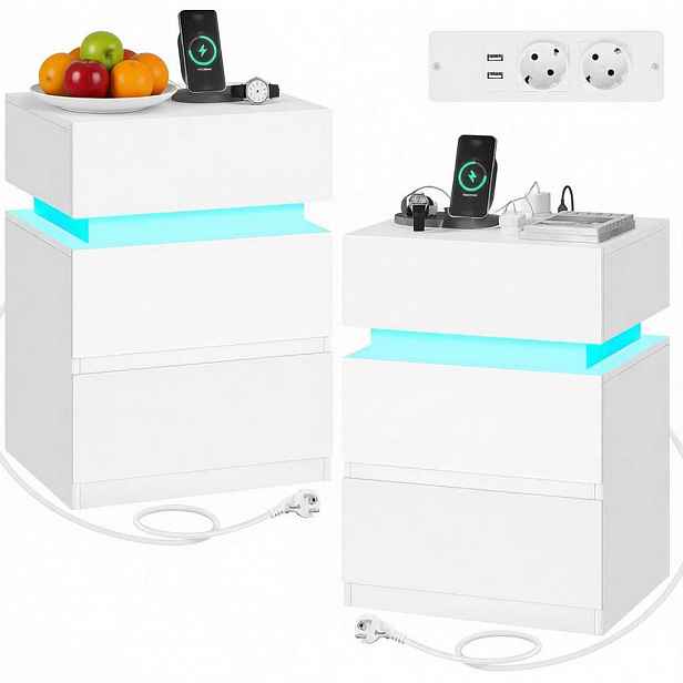 OKWISH NOČNÍ stolek 35/40/55 cm bílý z dřeva s LED osvětlením a nabíjecí stanicí, sada 2 ks