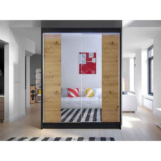 Šatní skříň 150 cm se zrcadlem a LED osvětlením PIRITU 2 - černá / dub artisan