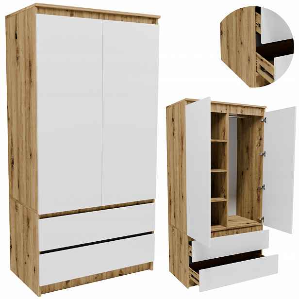 Skříň S902D2SZABI artisan-bílá 90, šatní skříň, regál, zásuvky, věšáková tyč