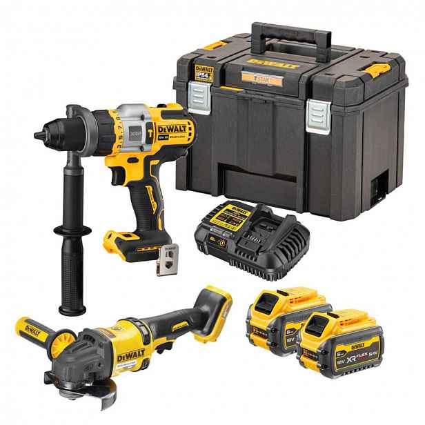 DeWALT - 18V AKU sada příklepové vrtačky a úhlové brusky 125 mm, 2x aku 6,0/2,0 Ah FLEXVOLT, nabíječka DCK2016T2T