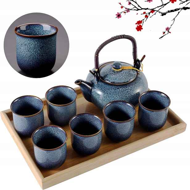 Japonský čajový set pro 6 osob, džbán, 6 šálků a podnos