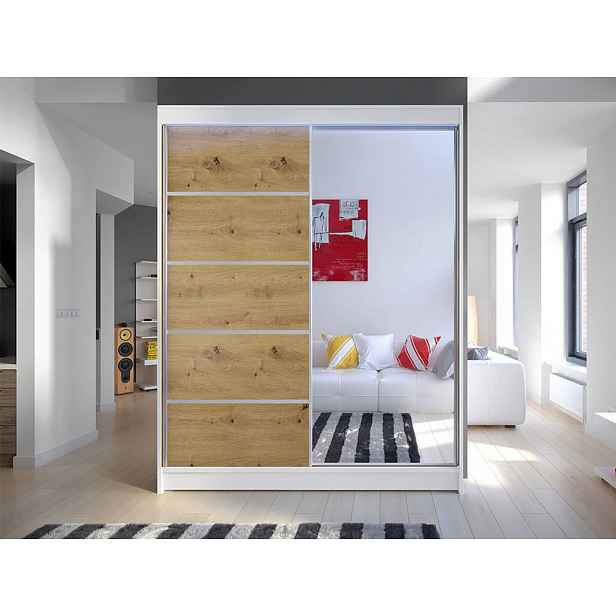 Šatní skříň 150 cm se zrcadlem a LED osvětlením PIRITU 3 - bílá / dub artisan
