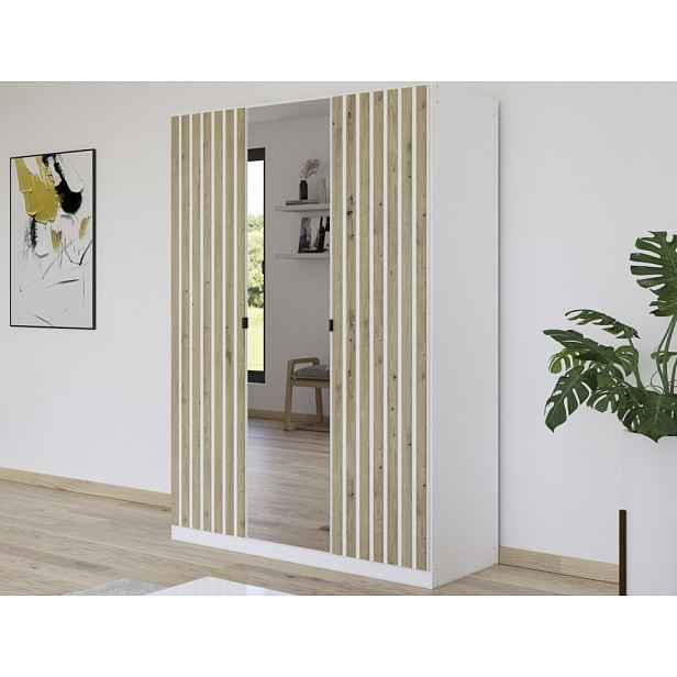 Šatní skříň se zrcadlem Genua, 136 cm, bílá/dub artisan