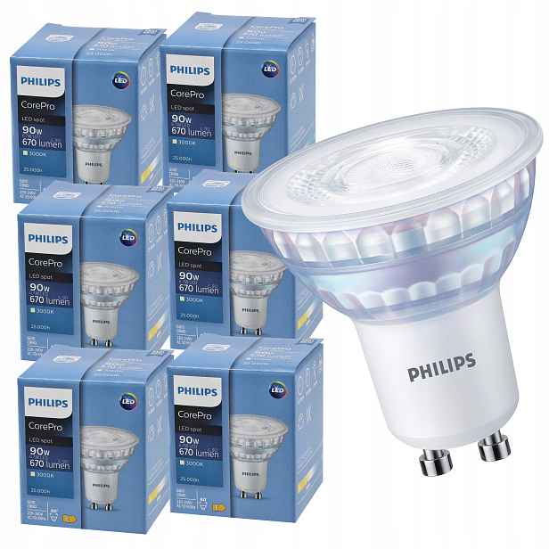 Led žárovka GU10 Philips 6,7W 90W 670lm Teplá 3000k 60° Silná Sada 6x