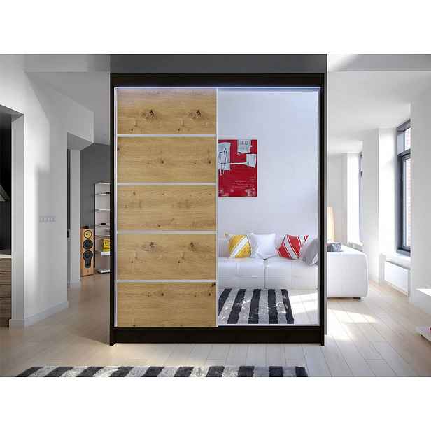 Šatní skříň 150 cm se zrcadlem a LED osvětlením PIRITU 3 - černá / dub artisan