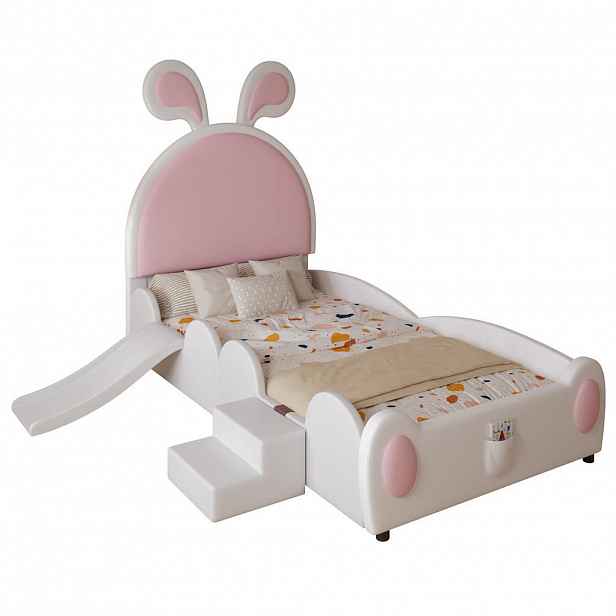 OKWISH ČALOUNĚNÁ dětská postel 90/200 cm bílá a růžová z PU s žebříkem a skluzavkou