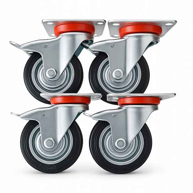Sada 4x Kovové a gumové kolo 125 mm s brzdou Otočná kola pro vozík