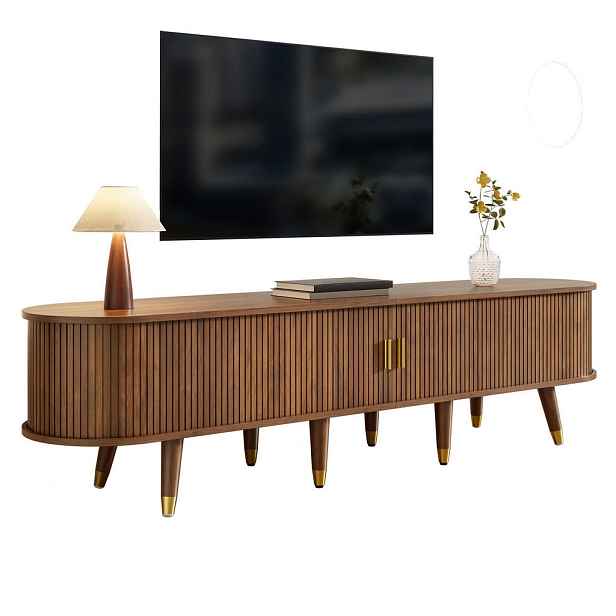 EVRYAE TV STOLEK s posuvnými dvířky ratan, dekor ořechu, zlaté akcenty, velký, design dřevo/ratan