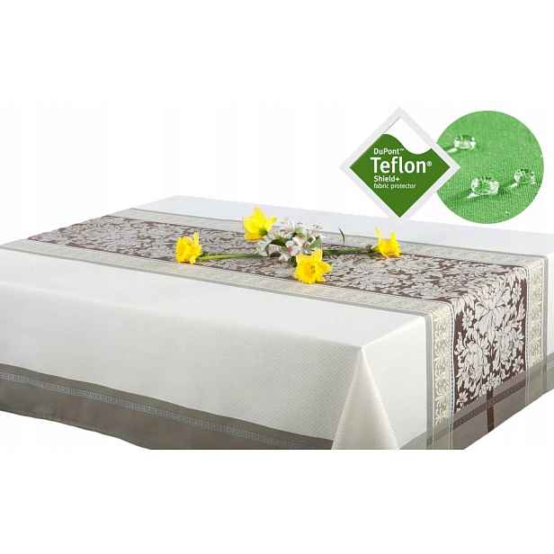 Skvrnitý ubrus teflon 140x300 elegantní, krémový, hnědý s dezénem