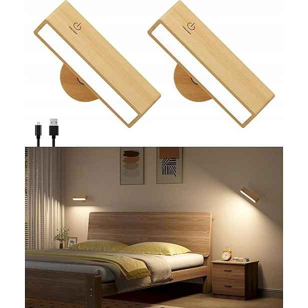 2x Led nástěnné svítidlo DetarZinLED 4000mAh 450lm Usb-c dřevo 360° dotyk
