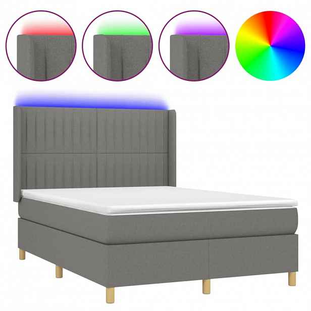vidaXL Box spring postel s matrací a LED tmavě šedá 140x190 cm textil