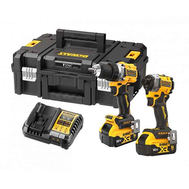 DeWALT - 18V AKU sada vrtacího šroubováku a rázového utahováku, 2x aku 5,0 Ah XR, nabíječka DCK2051P2T