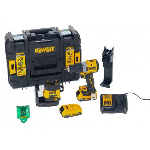 DeWALT - 18V AKU sada příklepové vrtačky a křížového laseru, 2x aku 2,0 Ah XR, nabíječka DCK2095D2T
