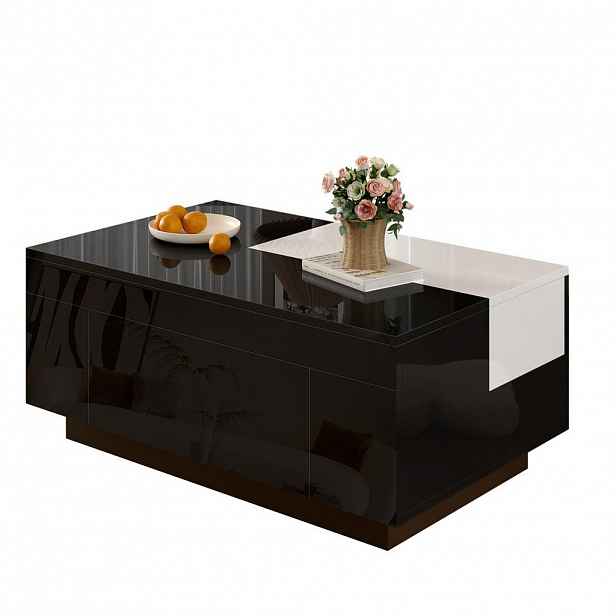 Modfu KONFERENČNÍ stolek z MDF 80x50x35cm černo-bílý s LED osvětlením, výsuvnou deskou a skrytou zásuvkou