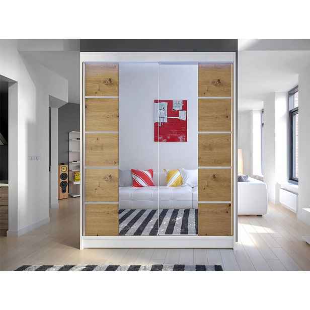 Zrcadlová šatní skříň 150 cm s LED osvětlením PIRITU 5 - bílá / dub artisan