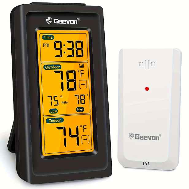 TEMU 1ks GEEVON Bezdrátový digitální teploměr pro vnitřní a venkovní použití s časem, , minimem, 200ft/60m měřením, monitor teploty v místnosti, bez