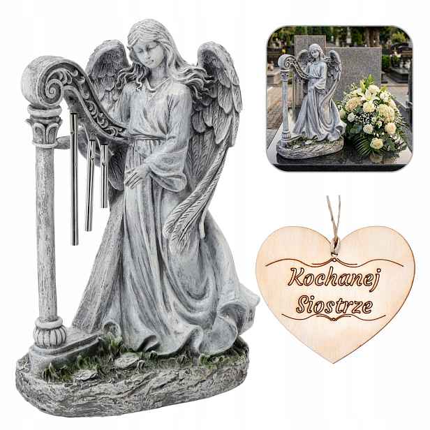 Anděl S Harfou Hřbitovní Svíčka Hřbitovní Figura Na Hrob Dekorace 39 CM Pro Sestru
