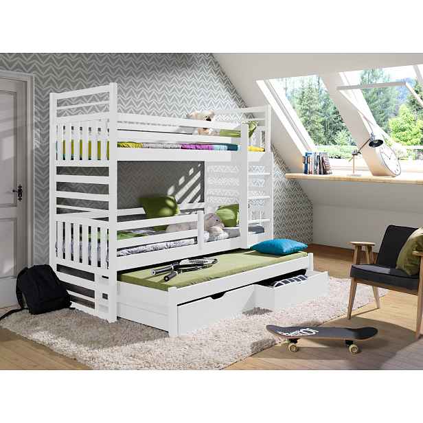 Patrová postel s přistýlkou a úložným prostorem 90x200 SINA - bílá, pravé provedení