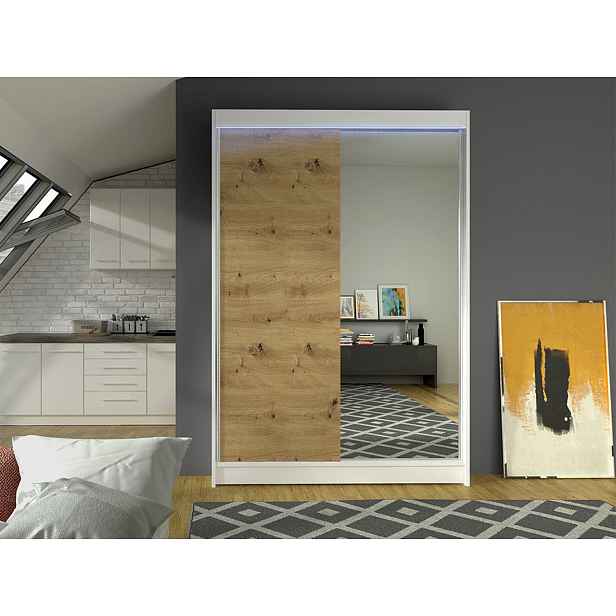Šatní skříň 120 cm se zrcadlem a LED RGB osvětlením SAMANRE 1 - bílá / dub artisan