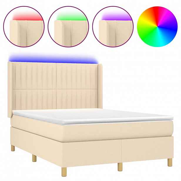 vidaXL Box spring postel s matrací a LED krémová 140x190 cm textil